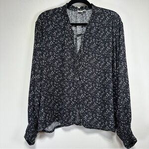 Tentree Ecovero Viscose Blouse Dark Floral Print Smocked Sleeve Boho Top Size S